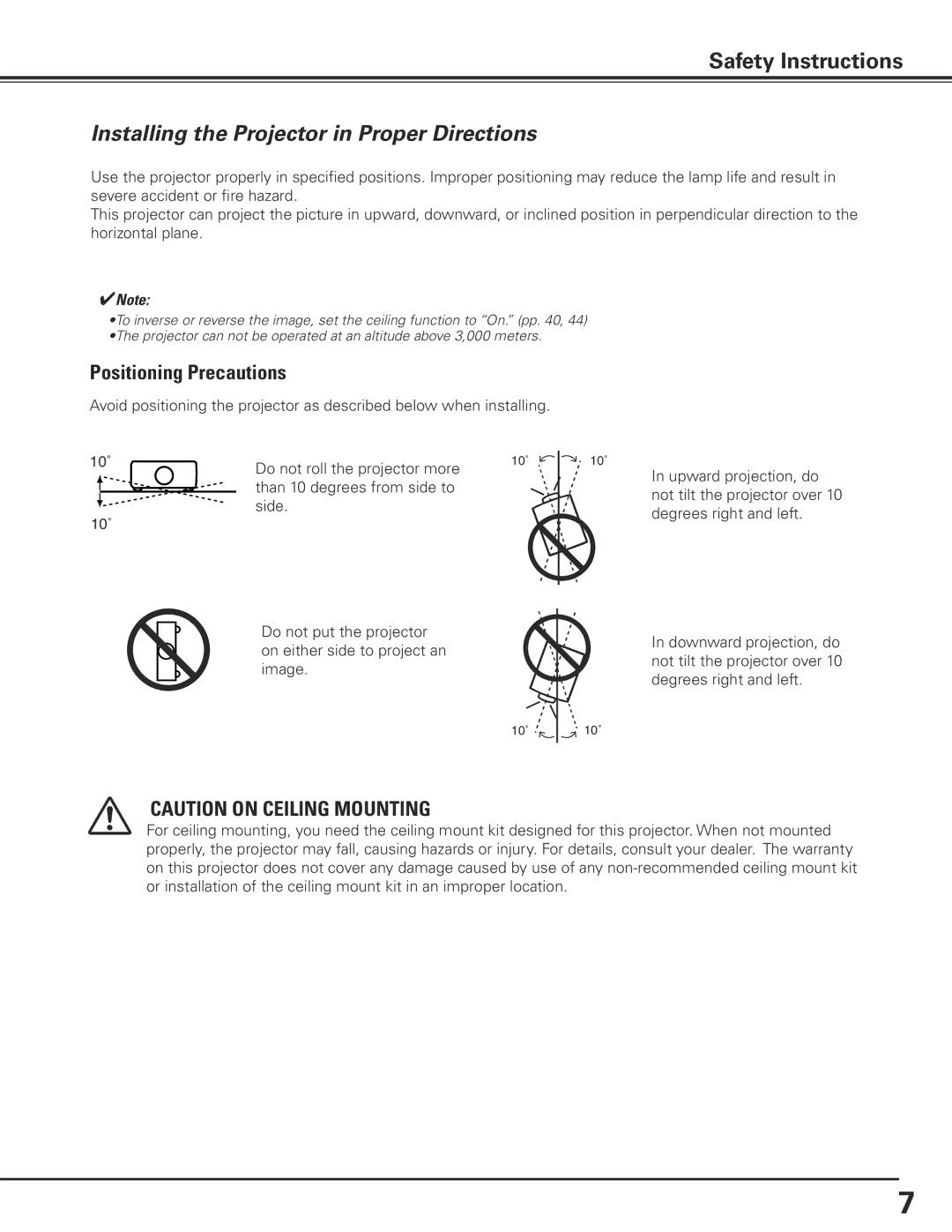 Sanyo PLC-XF71 owner manual Installing the Projector in Proper Directions, Positioning Precautions 