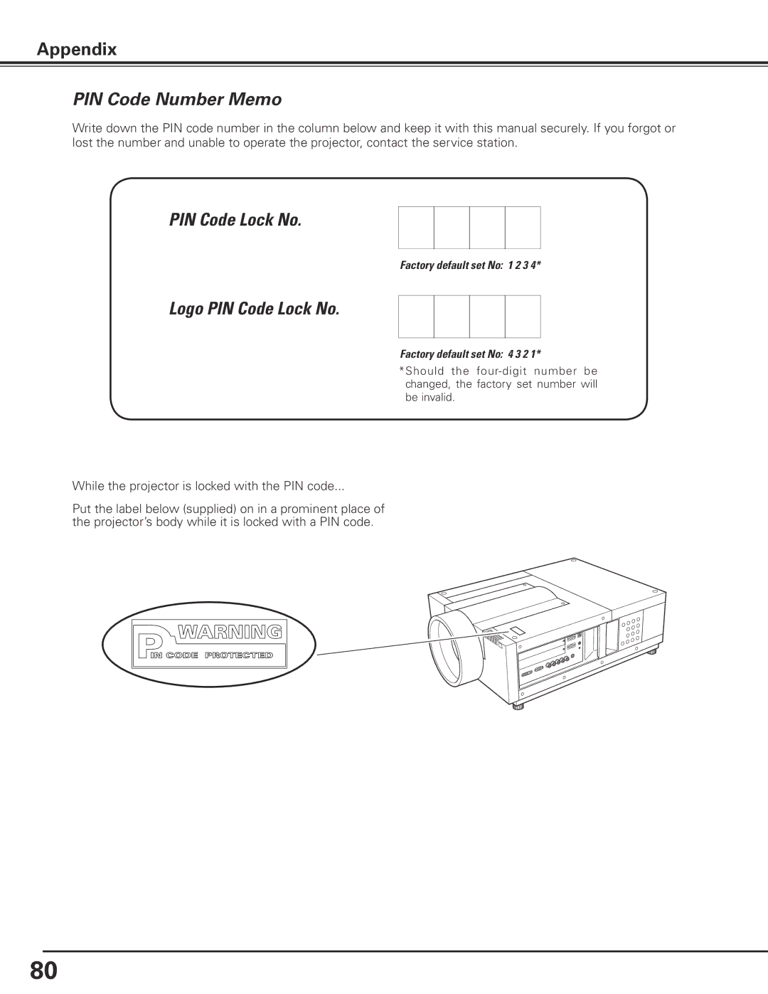 Sanyo PLC-XF71 owner manual PIN Code Number Memo, Logo PIN Code Lock No 