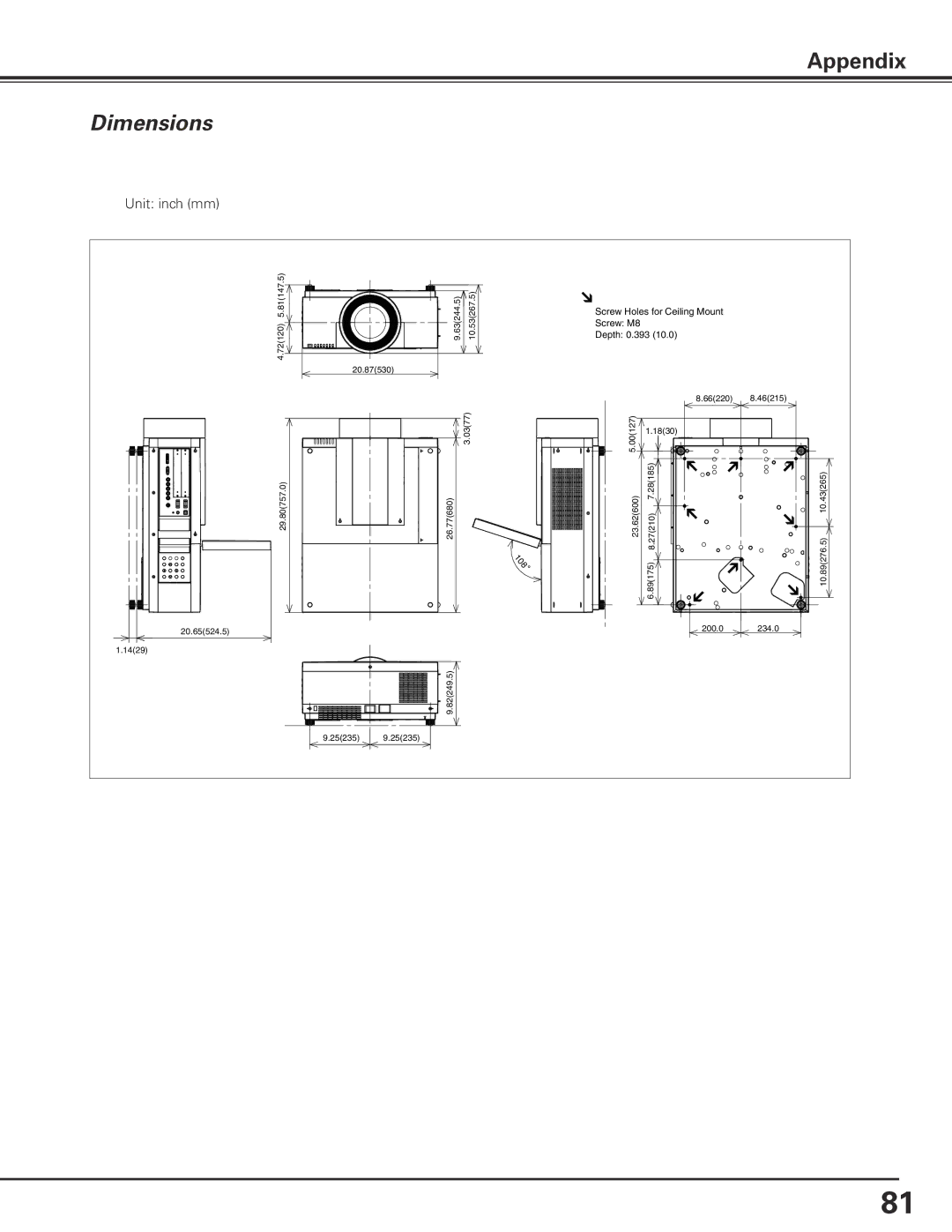 Sanyo PLC-XF71 owner manual Dimensions, 108 