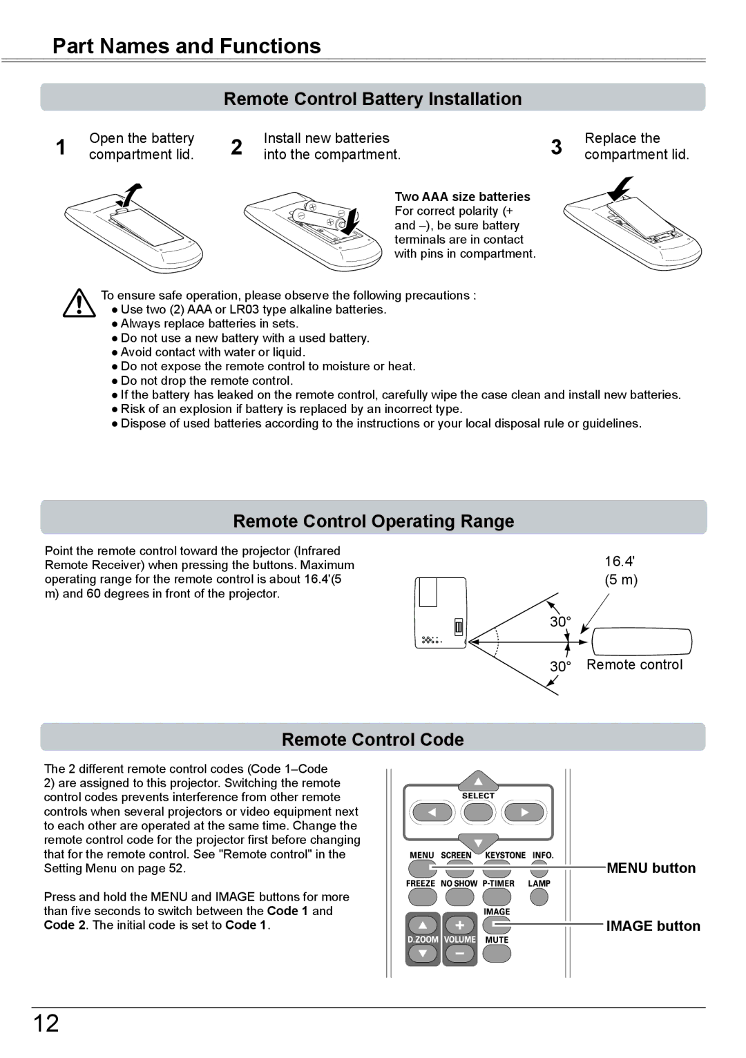 Sanyo PLC-XK2600 Remote Control Battery Installation, Remote Control Operating Range, Remote Control Code, Menu button 