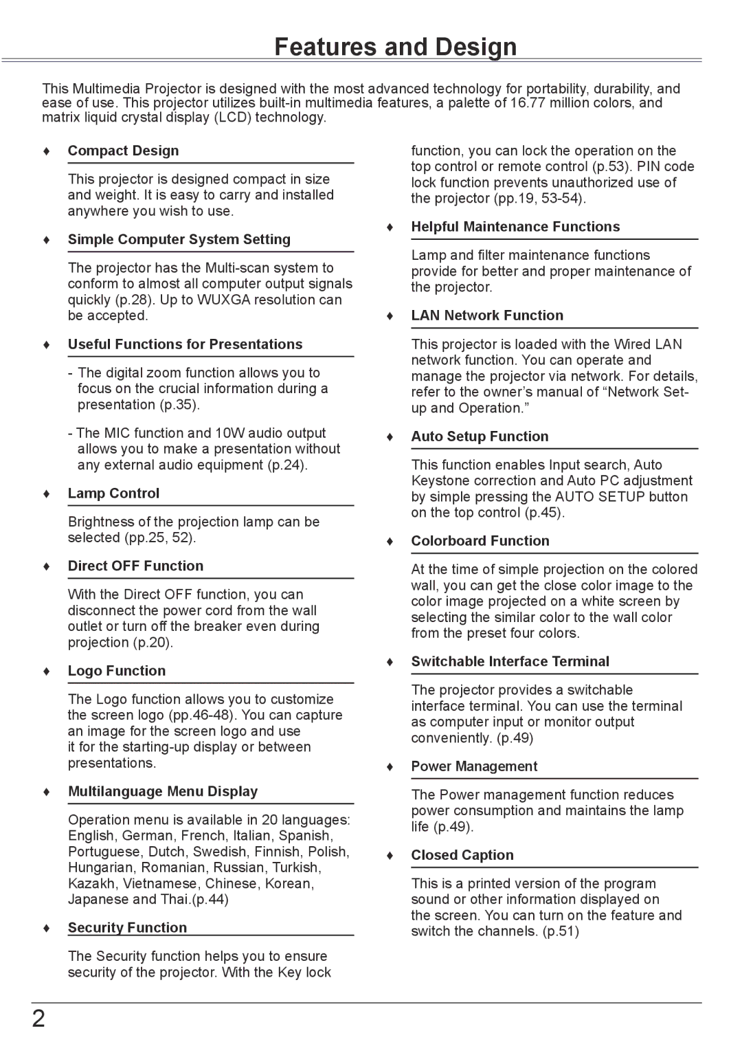 Sanyo PLC-XK2600 owner manual Features and Design 