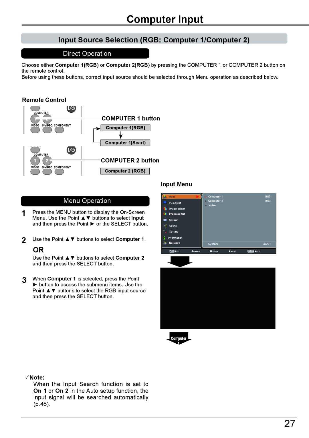 Sanyo PLC-XK2600 Computer Input, Input Source Selection RGB Computer 1/Computer, Remote Control Computer 1 button 