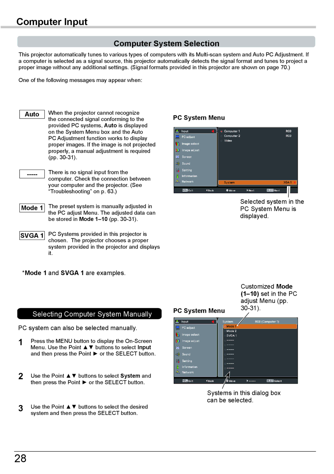 Sanyo PLC-XK2600 owner manual Computer Input, Computer System Selection, Auto, Mode, PC System Menu 