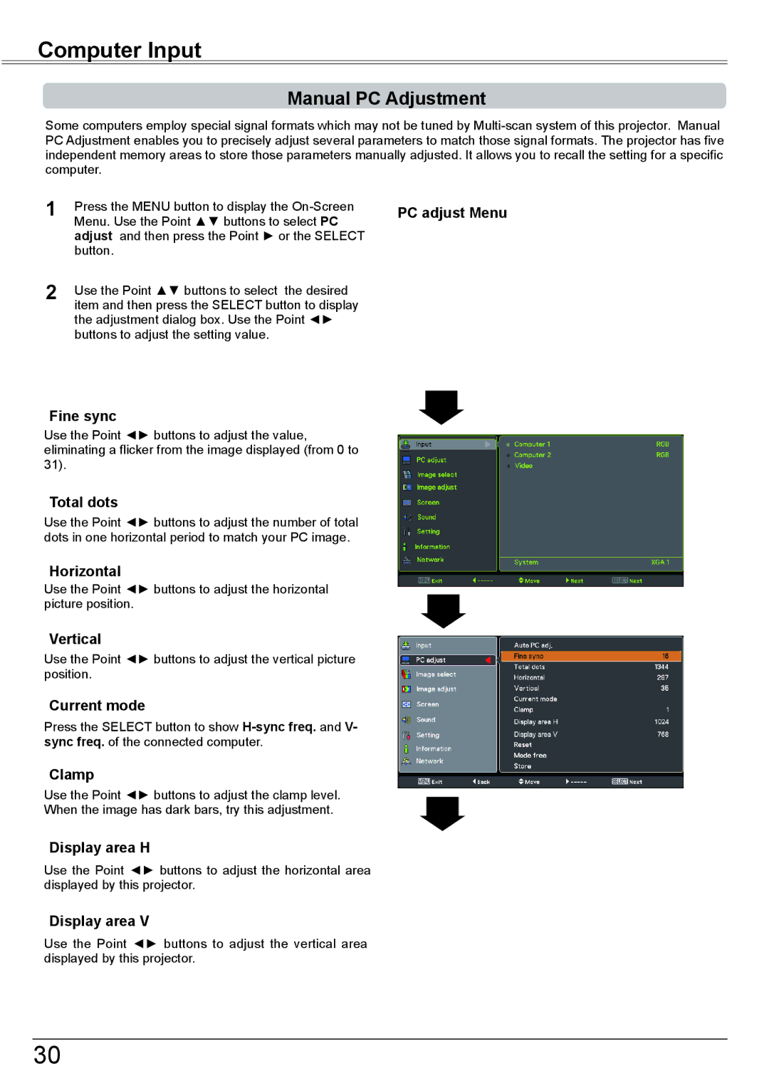 Sanyo PLC-XK2600 owner manual Manual PC Adjustment 