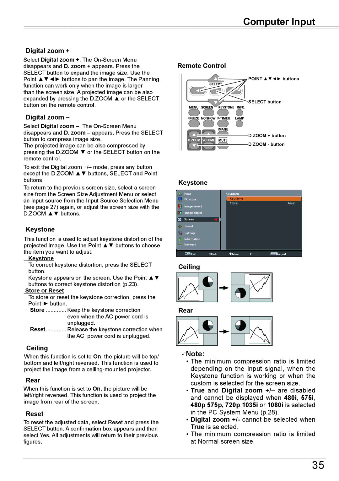 Sanyo PLC-XK2600 owner manual Digital zoom +, Keystone, Ceiling, Rear 