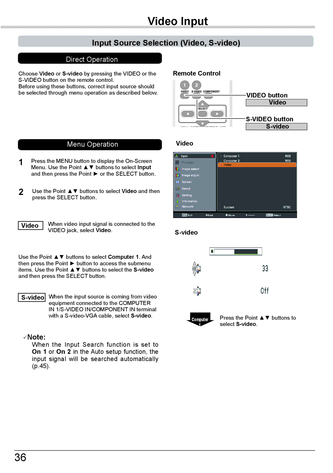 Sanyo PLC-XK2600 owner manual Video Input, Input Source Selection Video, S-video, Video button Video Video button S-video 