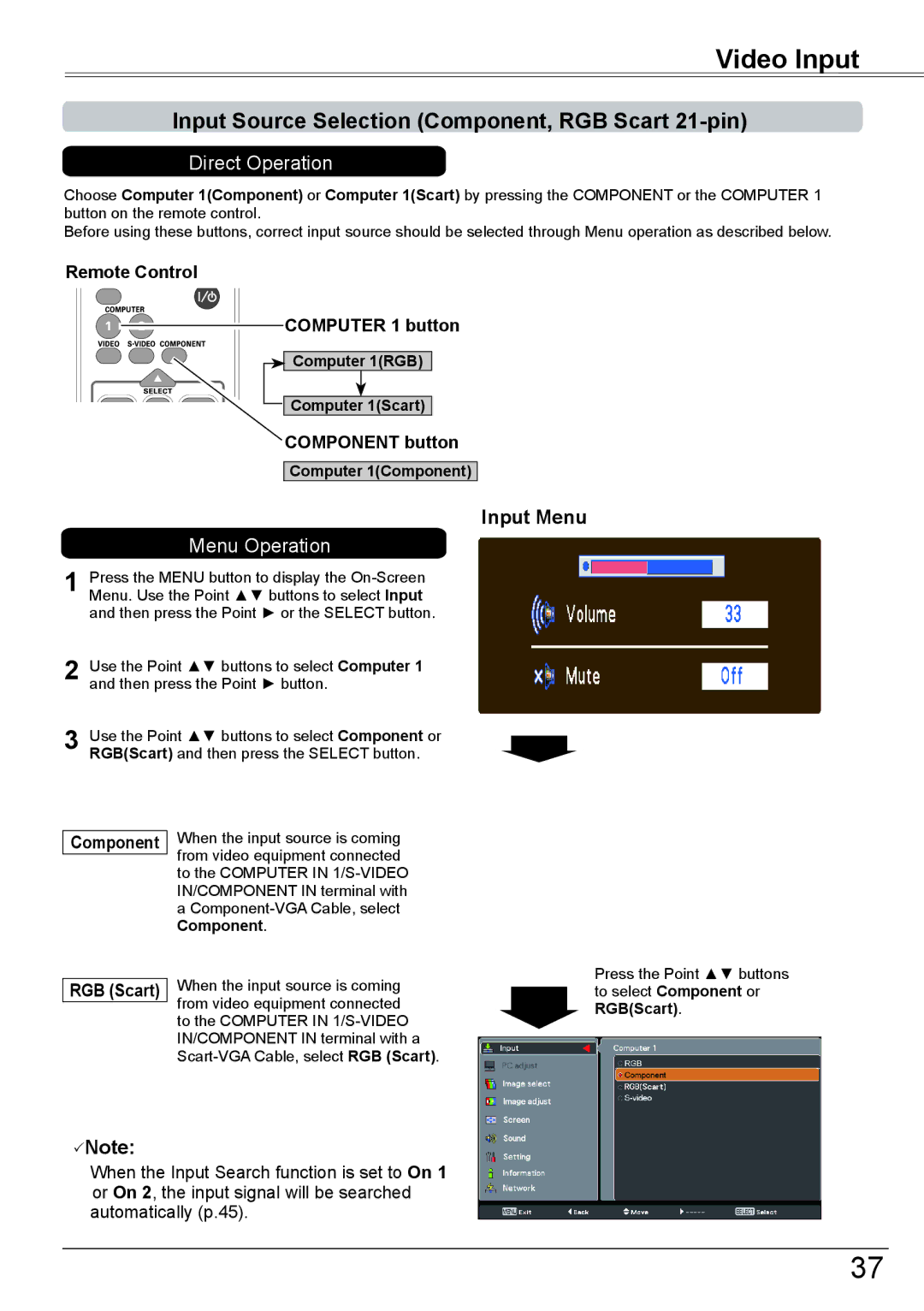 Sanyo PLC-XK2600 owner manual Video Input, Input Source Selection Component, RGB Scart 21-pin, Input Menu, Component button 