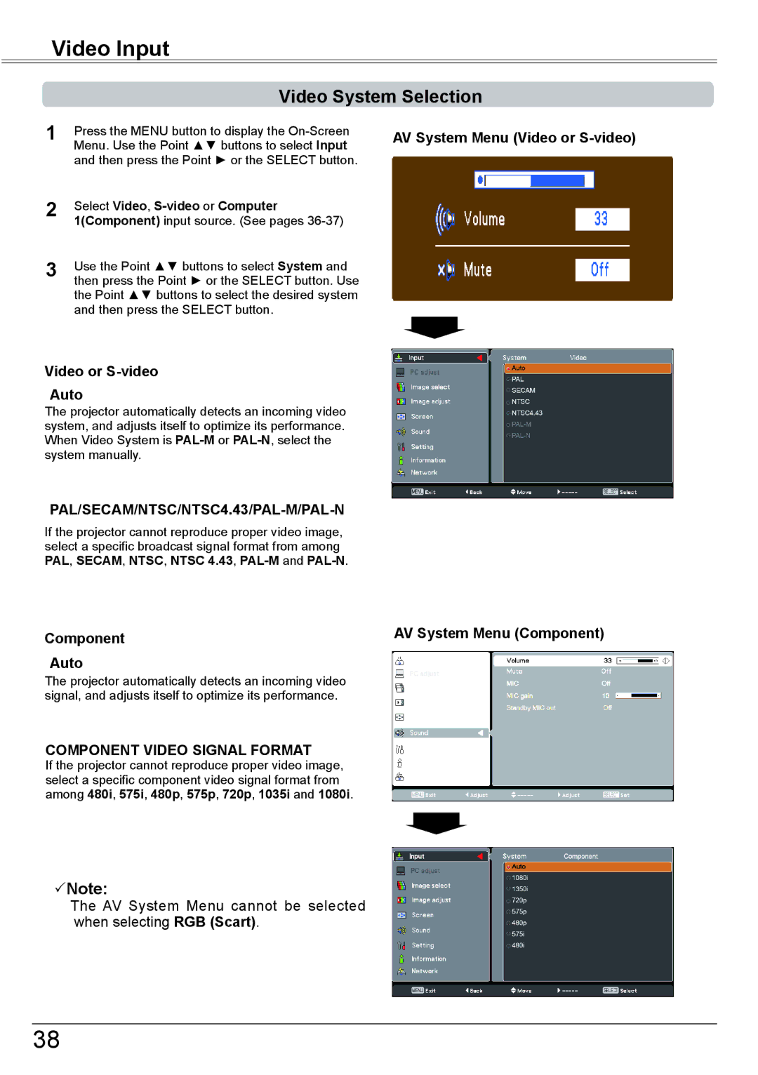 Sanyo PLC-XK2600 Video System Selection, Video or S-video Auto, Component Auto, Select Video, S-video or Computer 