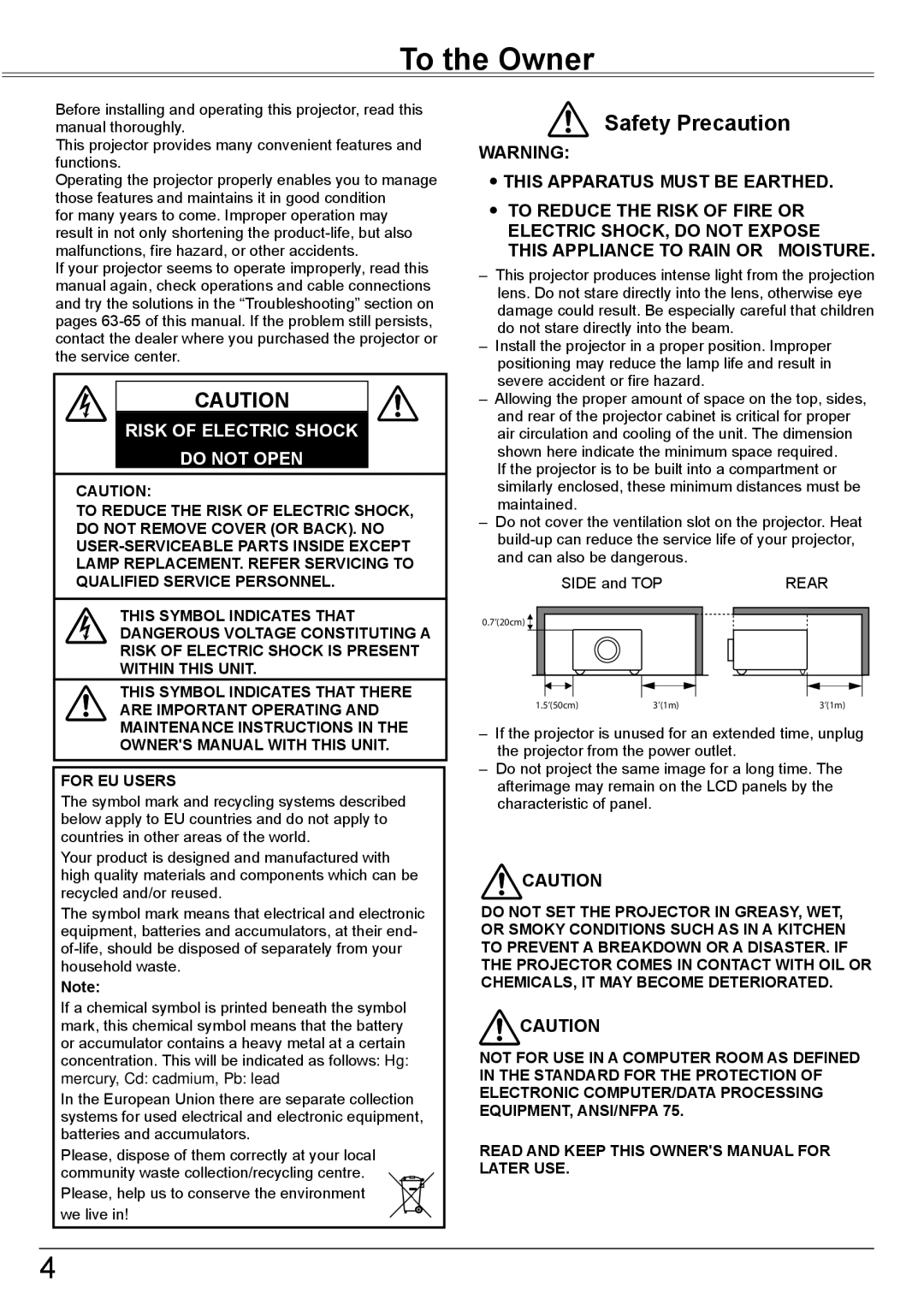 Sanyo PLC-XK2600 owner manual To the Owner, Safety Precaution 