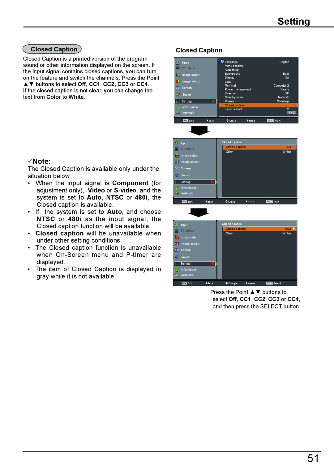 Sanyo PLC-XK2600 owner manual Closed Caption 