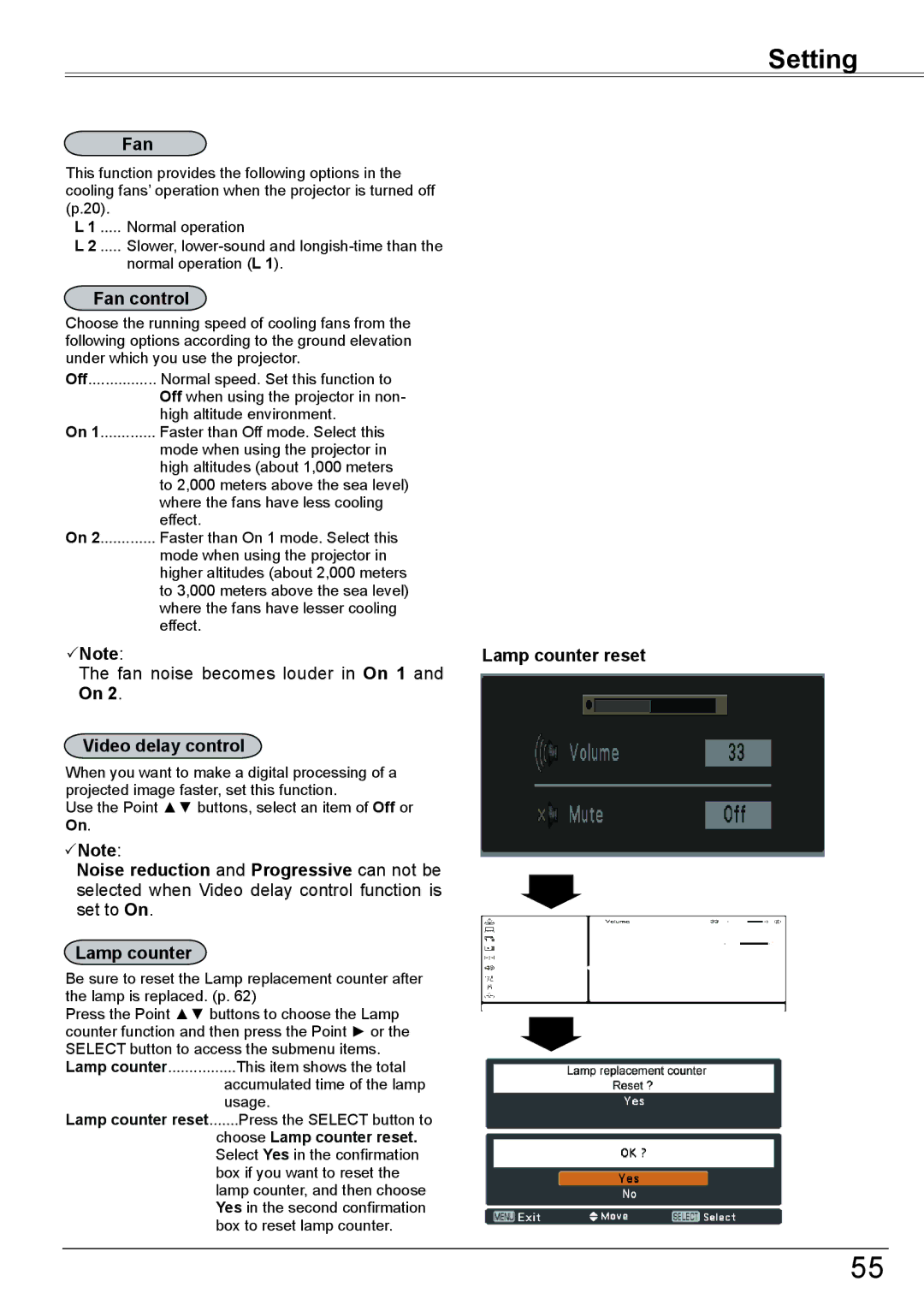 Sanyo PLC-XK2600 owner manual Fan control, Video delay control, Lamp counter reset 