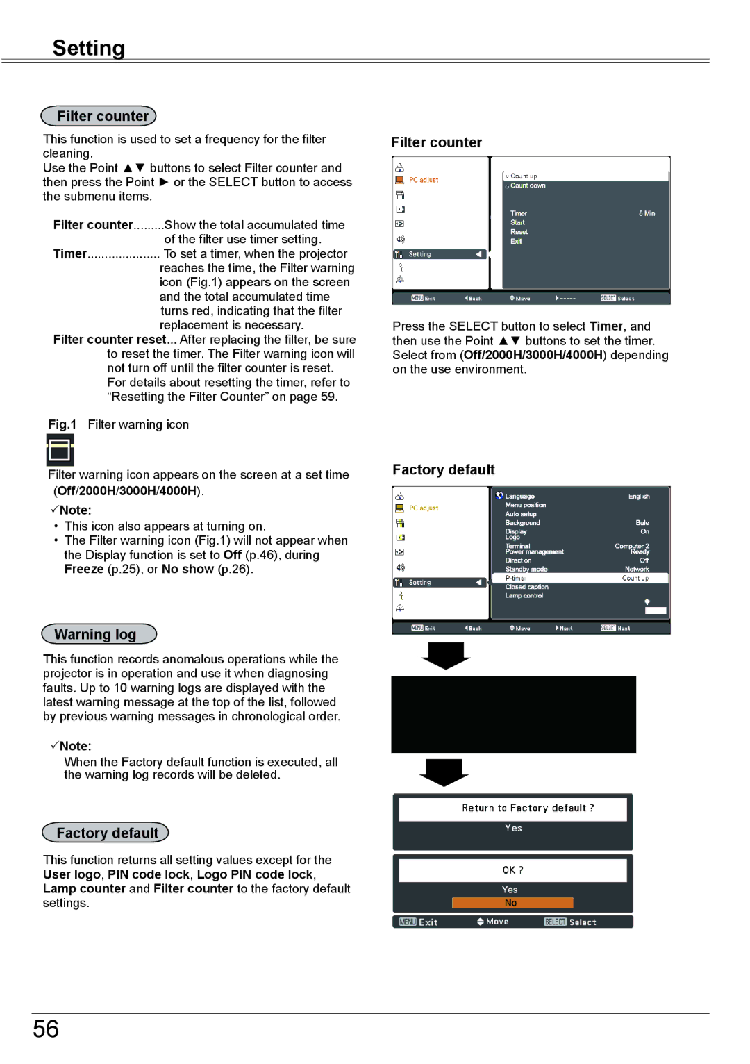 Sanyo PLC-XK2600 owner manual Filter counter, Factory default, Off/2000H/3000H/4000H Note 