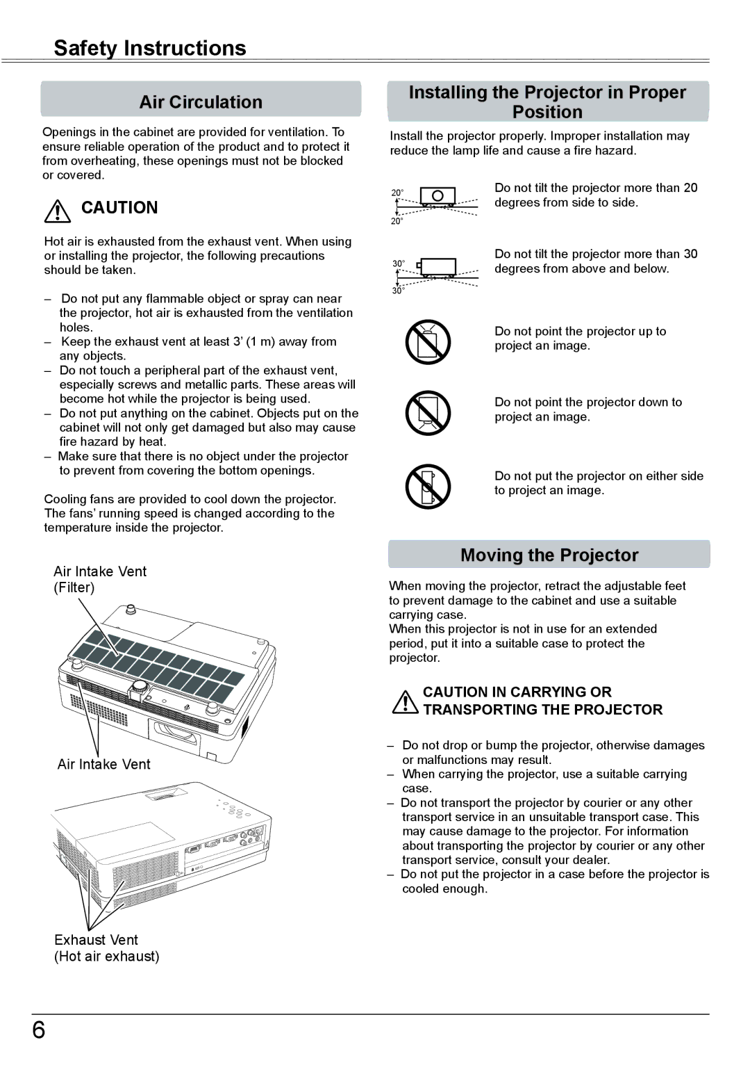 Sanyo PLC-XK2600 Safety Instructions, Air Circulation, Installing the Projector in Proper Position, Moving the Projector 