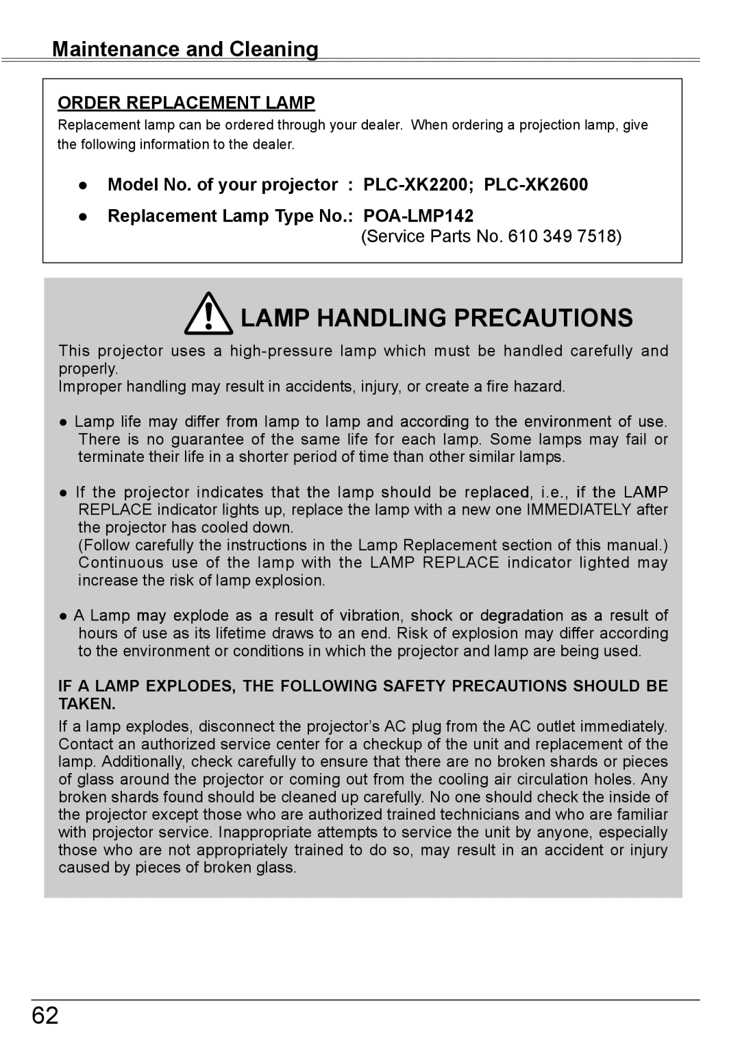 Sanyo PLC-XK2600 owner manual Lamp Handling Precautions 