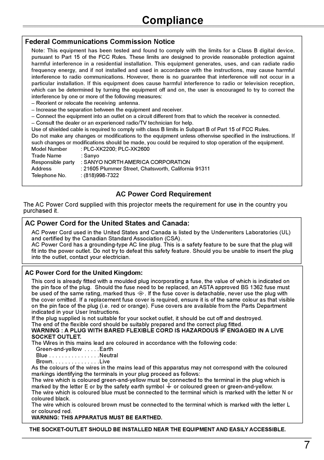 Sanyo PLC-XK2600 owner manual Compliance, Federal Communications Commission Notice, AC Power Cord Requirement 