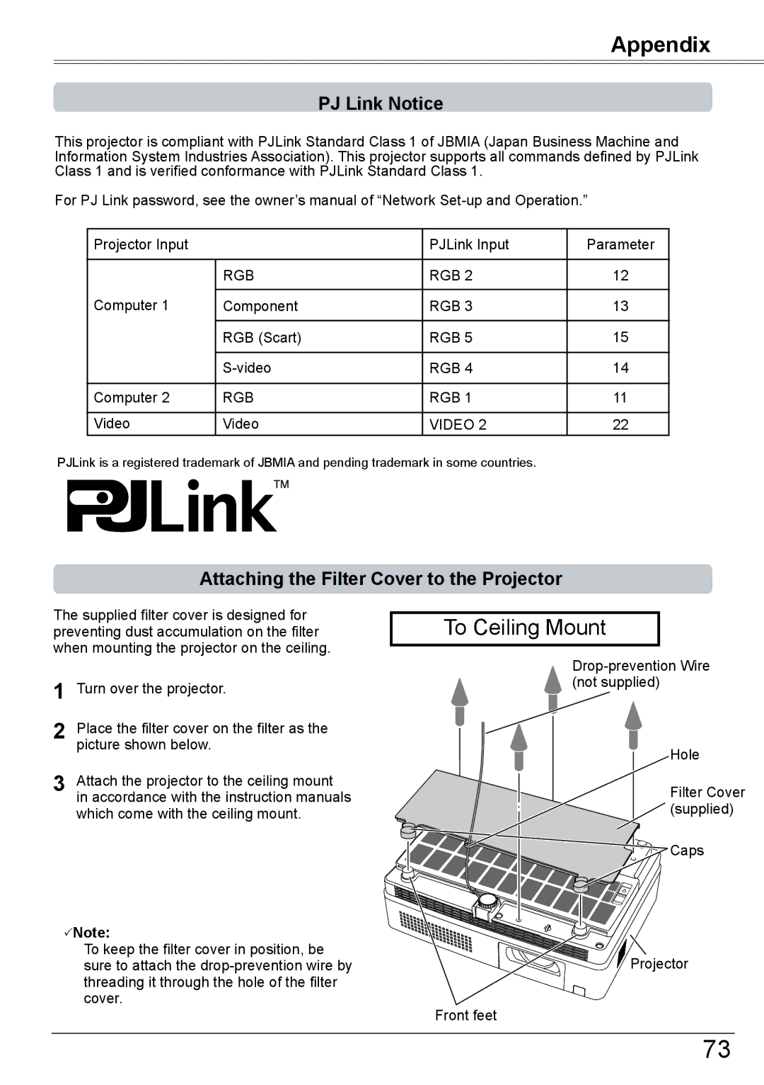 Sanyo PLC-XK2600 owner manual PJ Link Notice, Attaching the Filter Cover to the Projector 