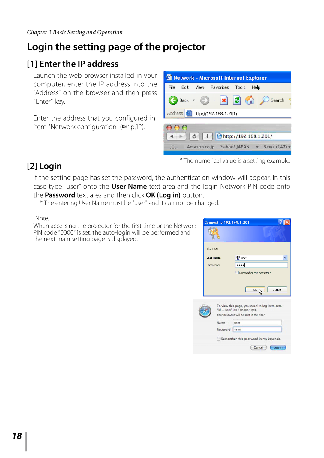 Sanyo PLC-XK3010 owner manual Login the setting page of the projector, Enter the IP address 