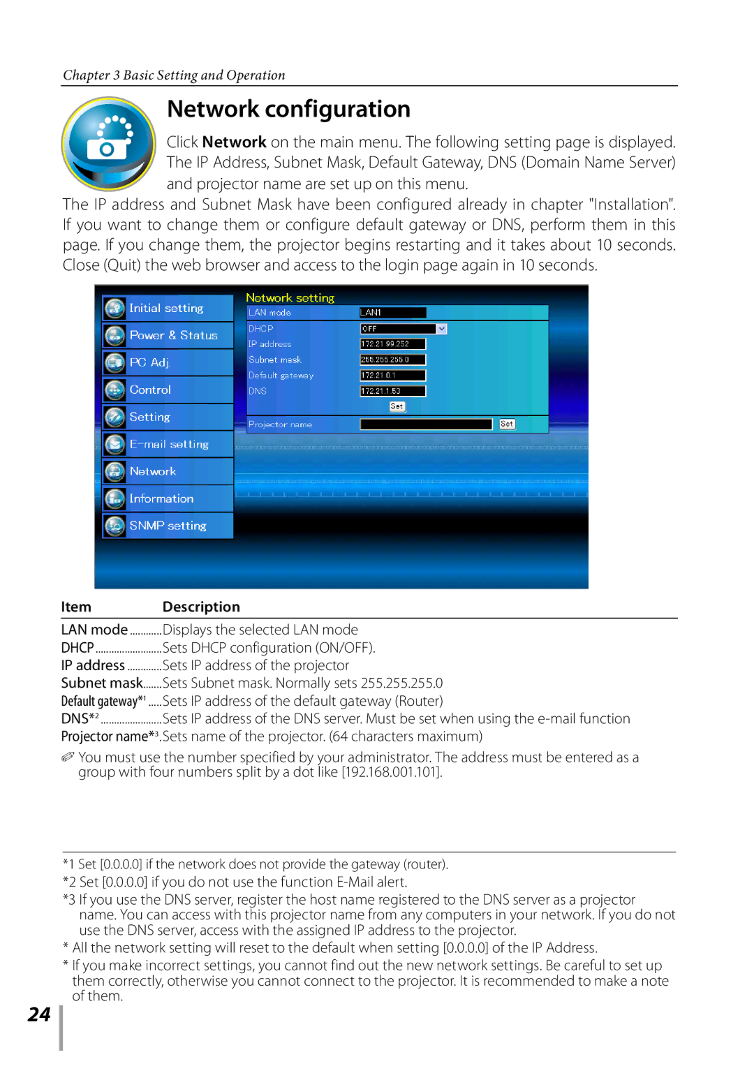 Sanyo PLC-XK3010 owner manual Network configuration, Displays the selected LAN mode, Sets Dhcp configuration ON/OFF 