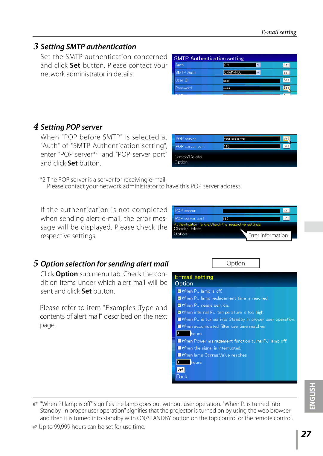 Sanyo PLC-XK3010 owner manual Setting Smtp authentication, Setting POP server, Option selection for sending alert mail 