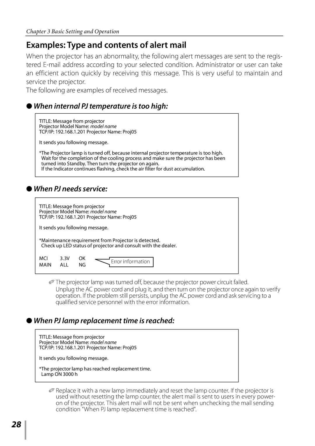 Sanyo PLC-XK3010 owner manual Examples Type and contents of alert mail 