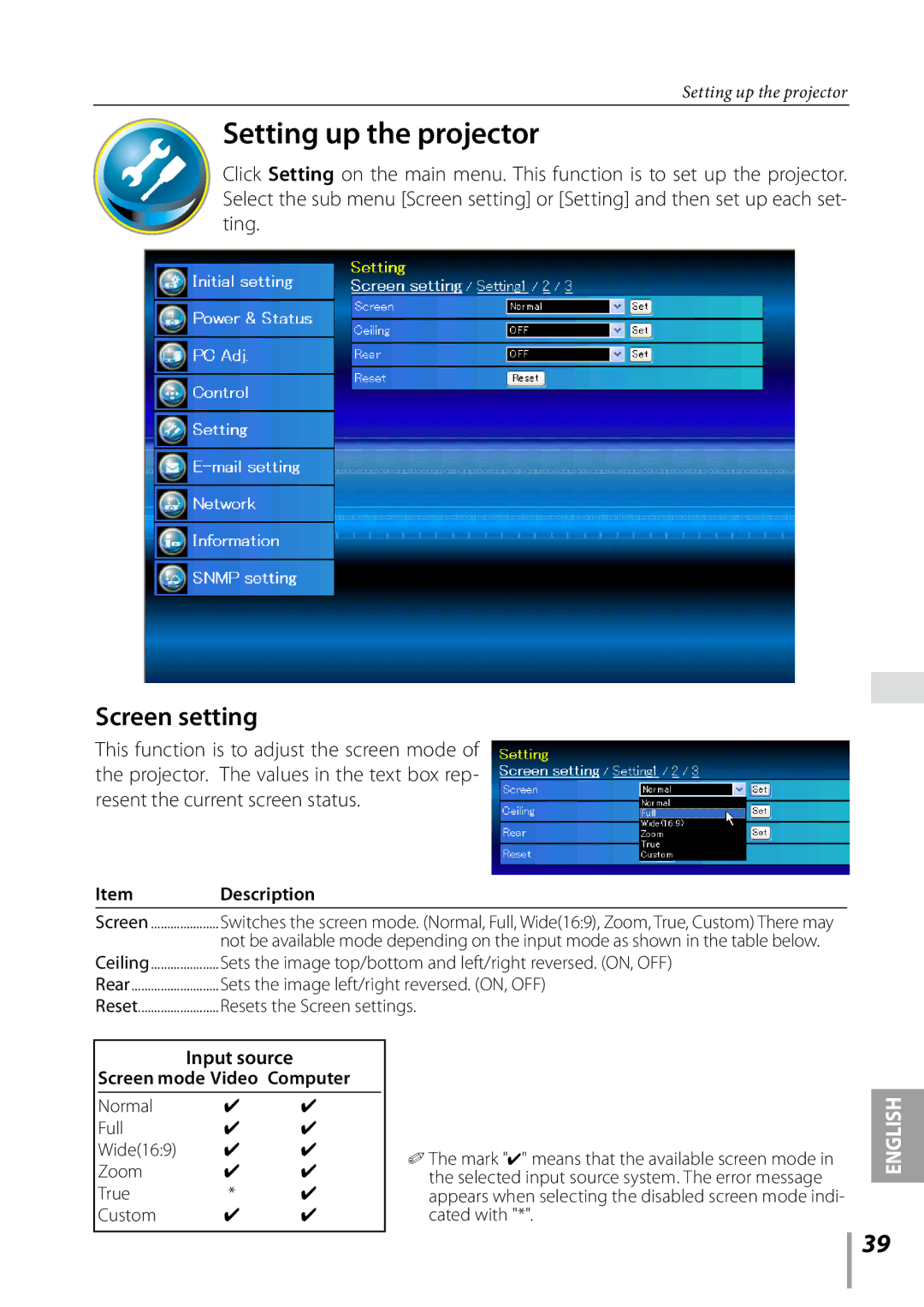 Sanyo PLC-XK3010 owner manual Setting up the projector, Screen setting 