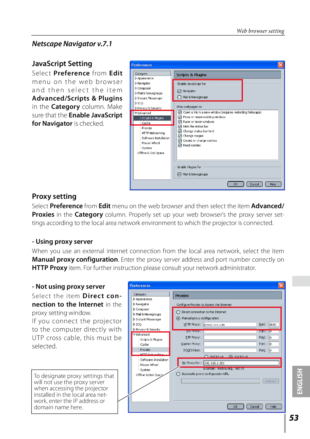 Sanyo PLC-XK3010 owner manual Netscape Navigator, JavaScript Setting 