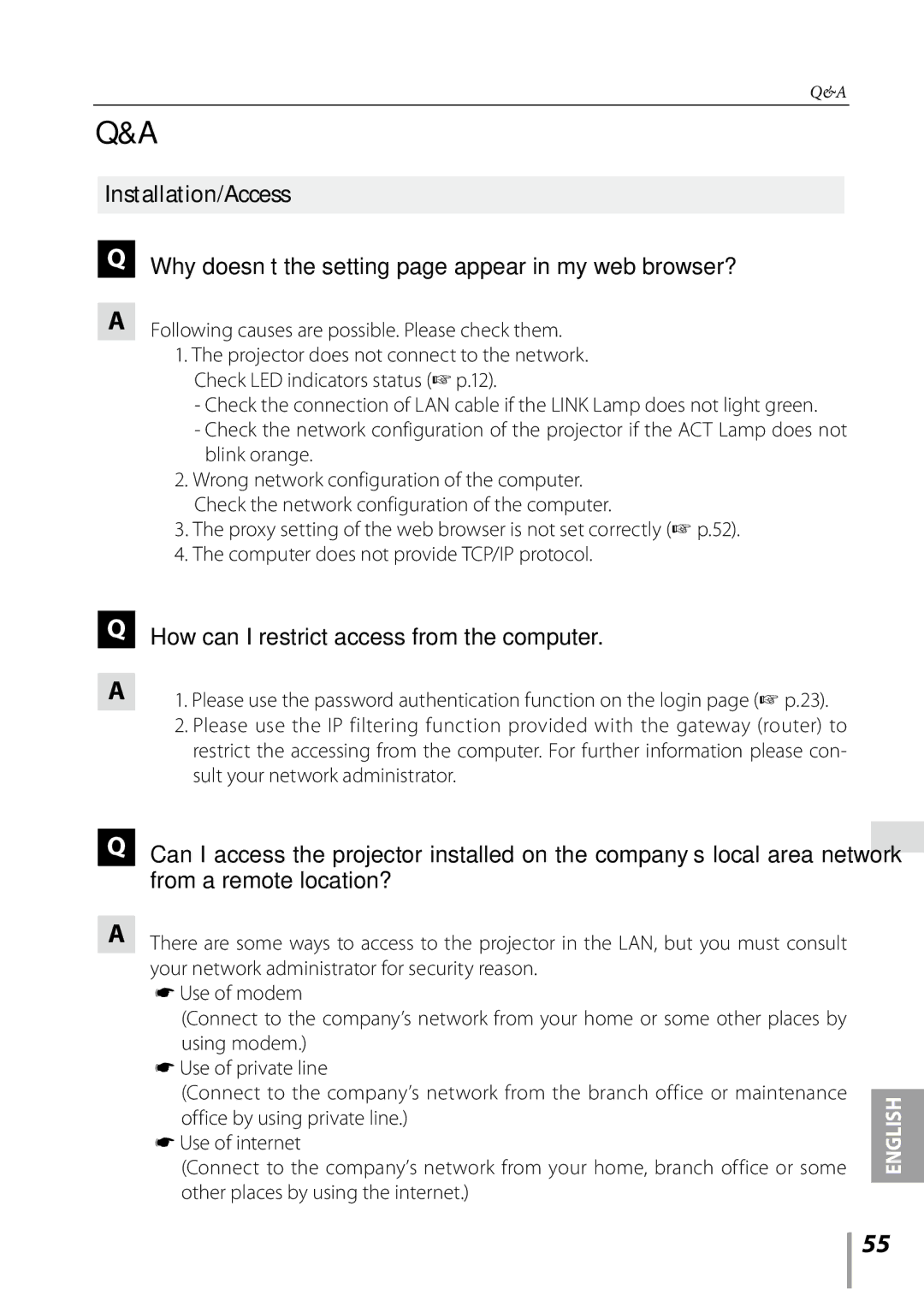 Sanyo PLC-XK3010 Why doesn’t the setting page appear in my web browser?, How can I restrict access from the computer 