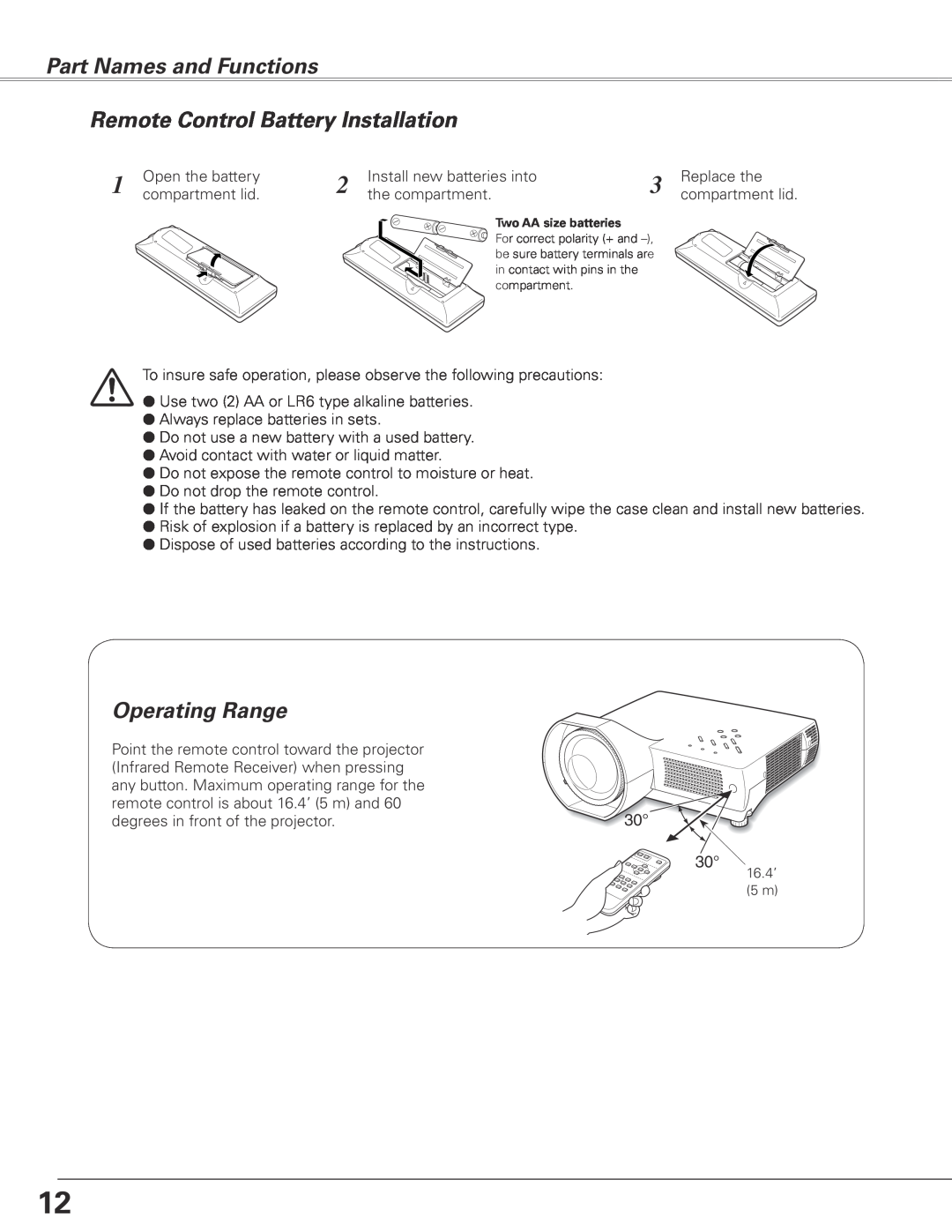 Sanyo PLC-XL45 owner manual Remote Control Battery Installation, Operating Range, Part Names and Functions 