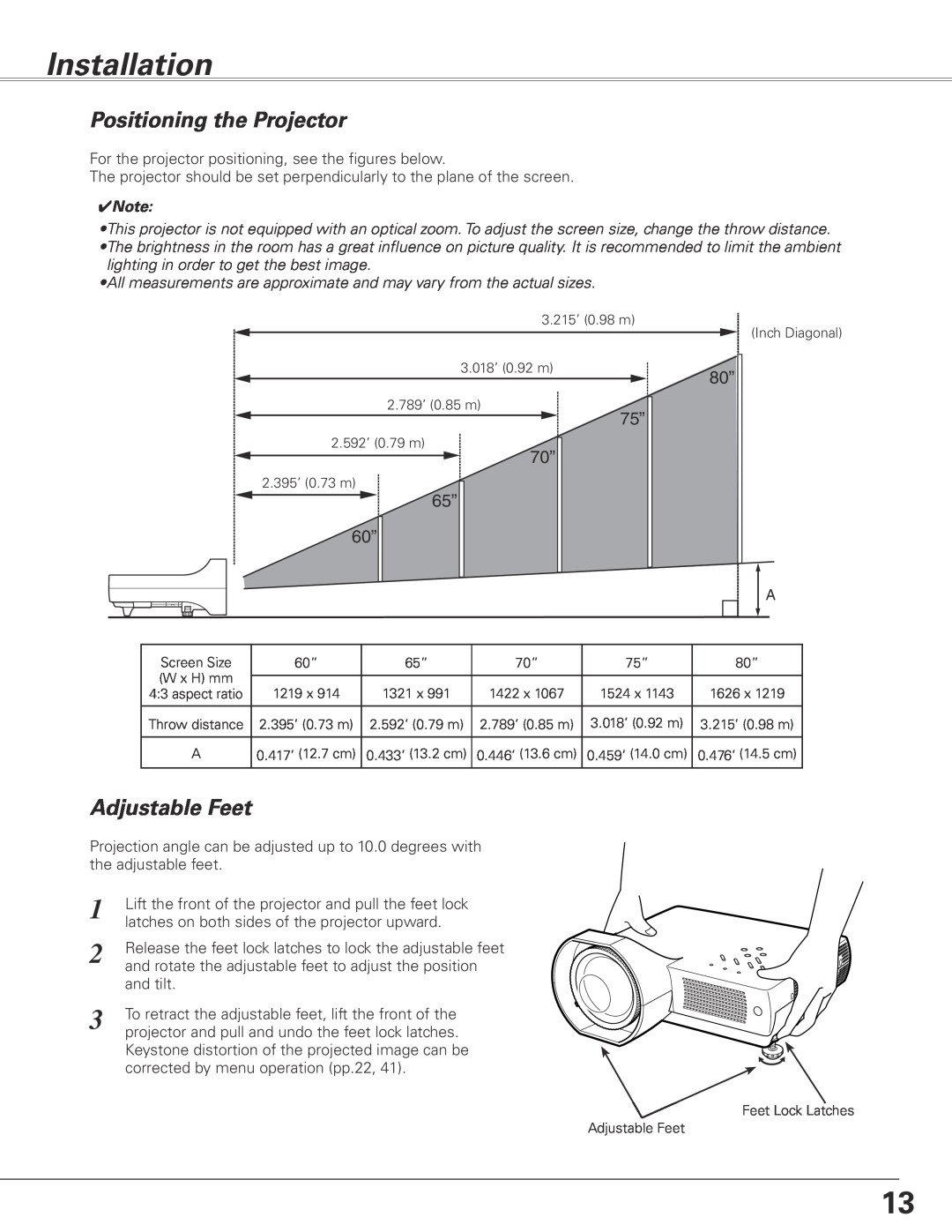 Sanyo PLC-XL45 owner manual Installation, Positioning the Projector, Adjustable Feet 