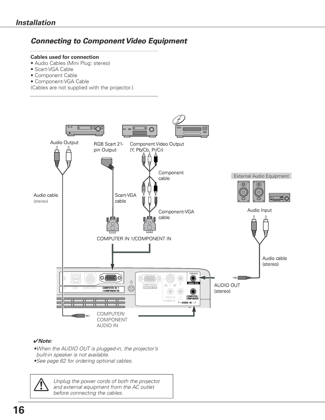 Sanyo PLC-XL45 owner manual Connecting to Component Video Equipment, Installation, Cables used for connection 