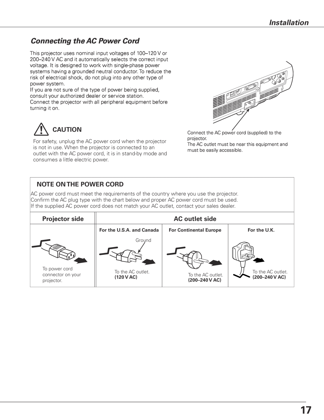 Sanyo PLC-XL45 Connecting the AC Power Cord, Note On The Power Cord, Projector side, AC outlet side, Installation 