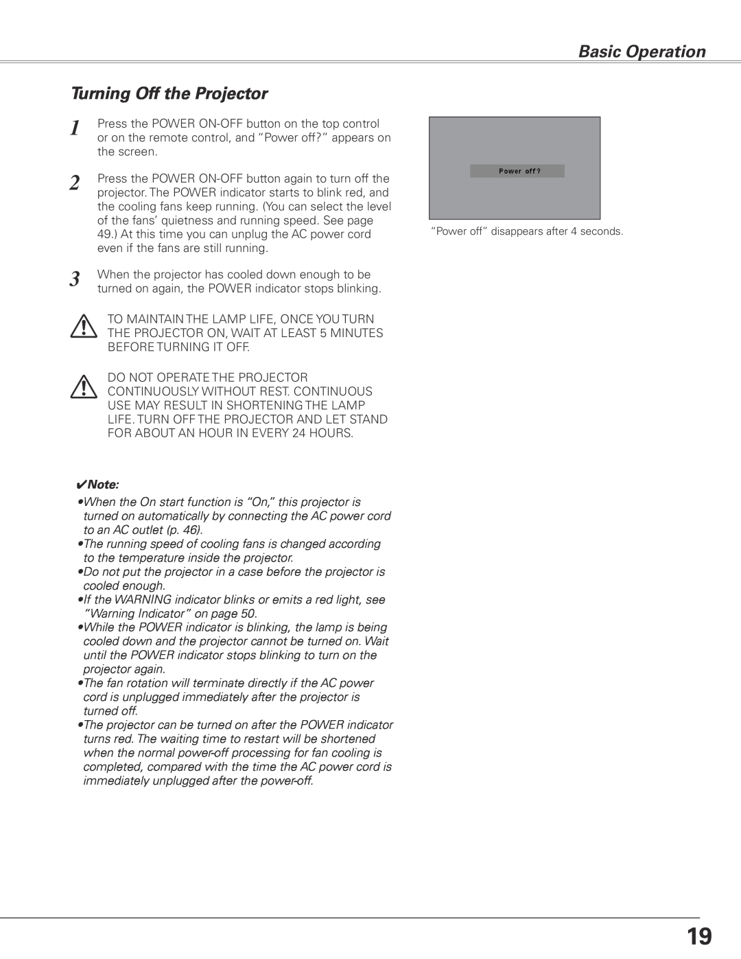 Sanyo PLC-XL45 owner manual Basic Operation Turning Off the Projector 