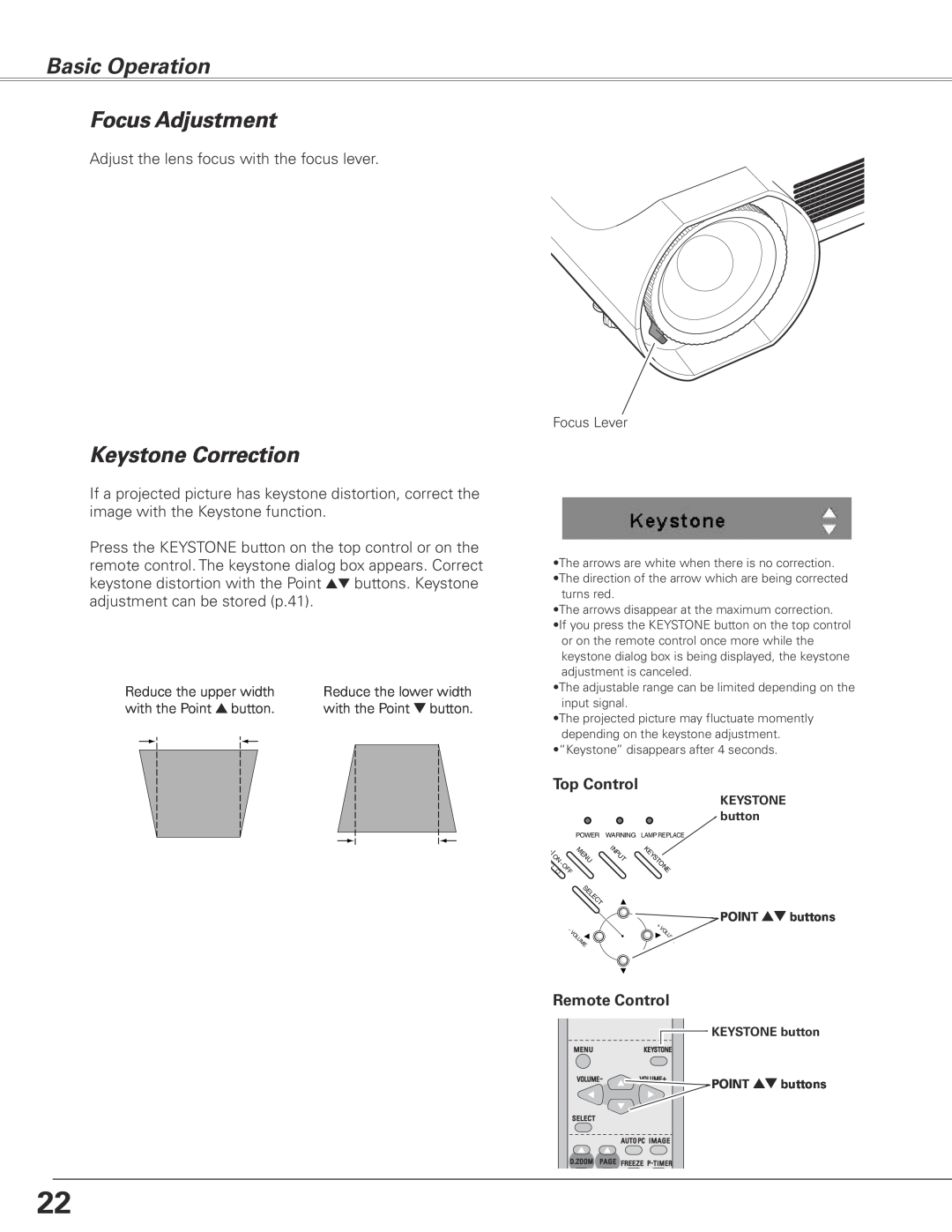 Sanyo PLC-XL45 owner manual Focus Adjustment, Keystone Correction, Basic Operation, Top Control, Remote Control 