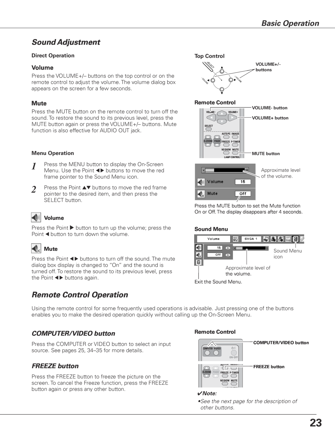 Sanyo PLC-XL45 Sound Adjustment, Remote Control Operation, COMPUTER/VIDEO button, FREEZE button, Basic Operation, Volume 