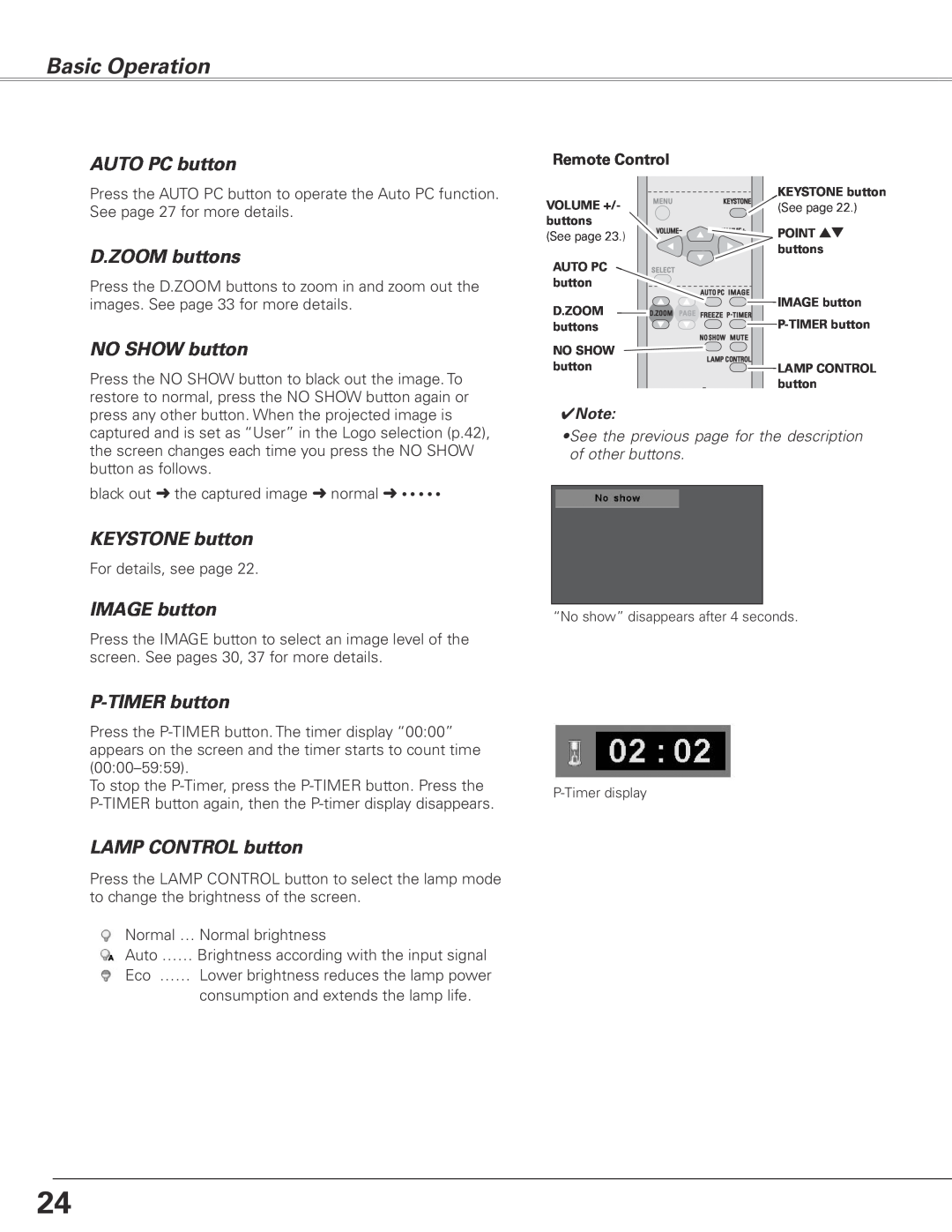 Sanyo PLC-XL45 owner manual AUTO PC button, D.ZOOM buttons, NO SHOW button, KEYSTONE button, IMAGE button, P-TIMERbutton 