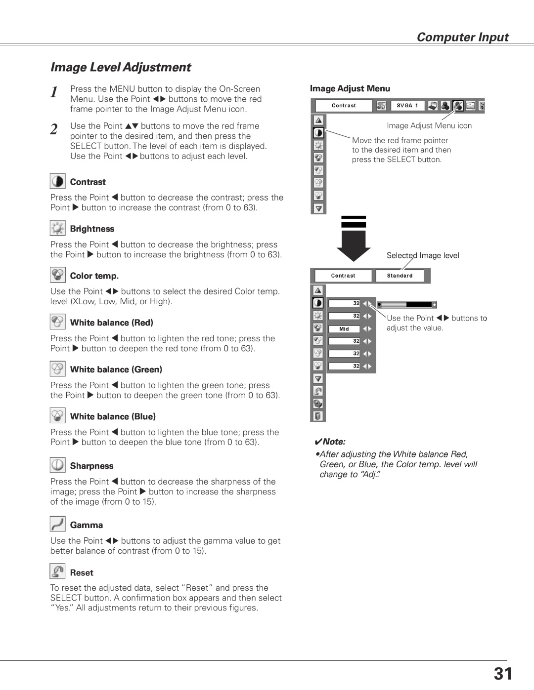 Sanyo PLC-XL45 Image Level Adjustment, Computer Input, Contrast, Brightness, Color temp, White balance Red, Sharpness 