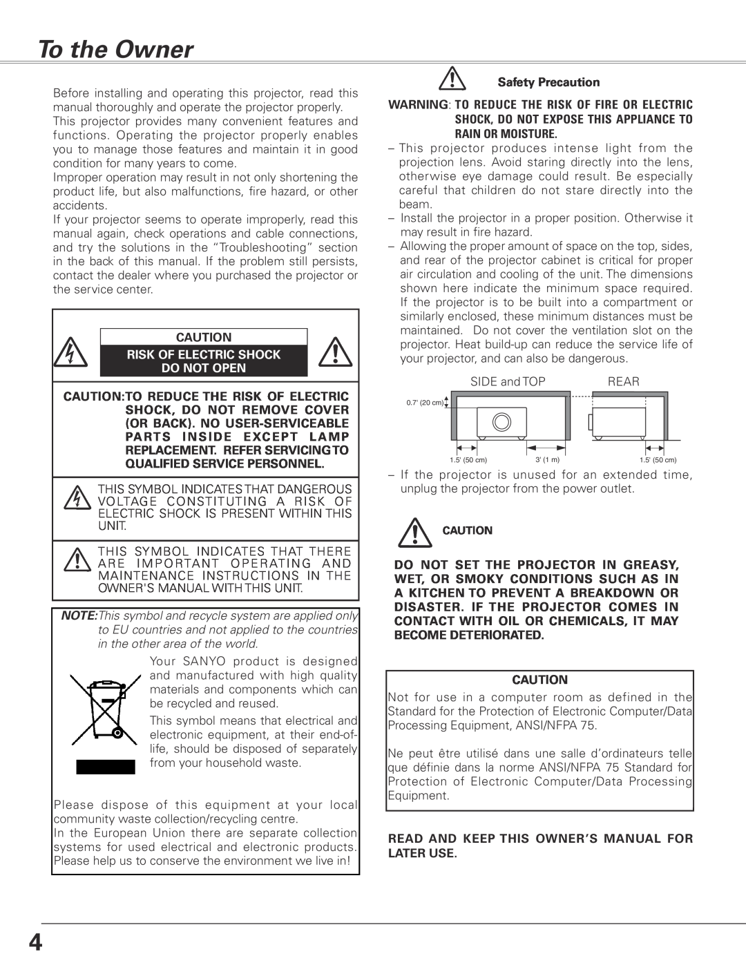 Sanyo PLC-XL45 owner manual To the Owner, Risk Of Electric Shock Do Not Open, Safety Precaution 