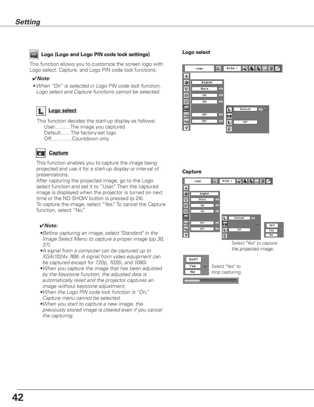 Sanyo PLC-XL45 owner manual Setting, Logo Logo and Logo PIN code lock settings, Logo select Capture 