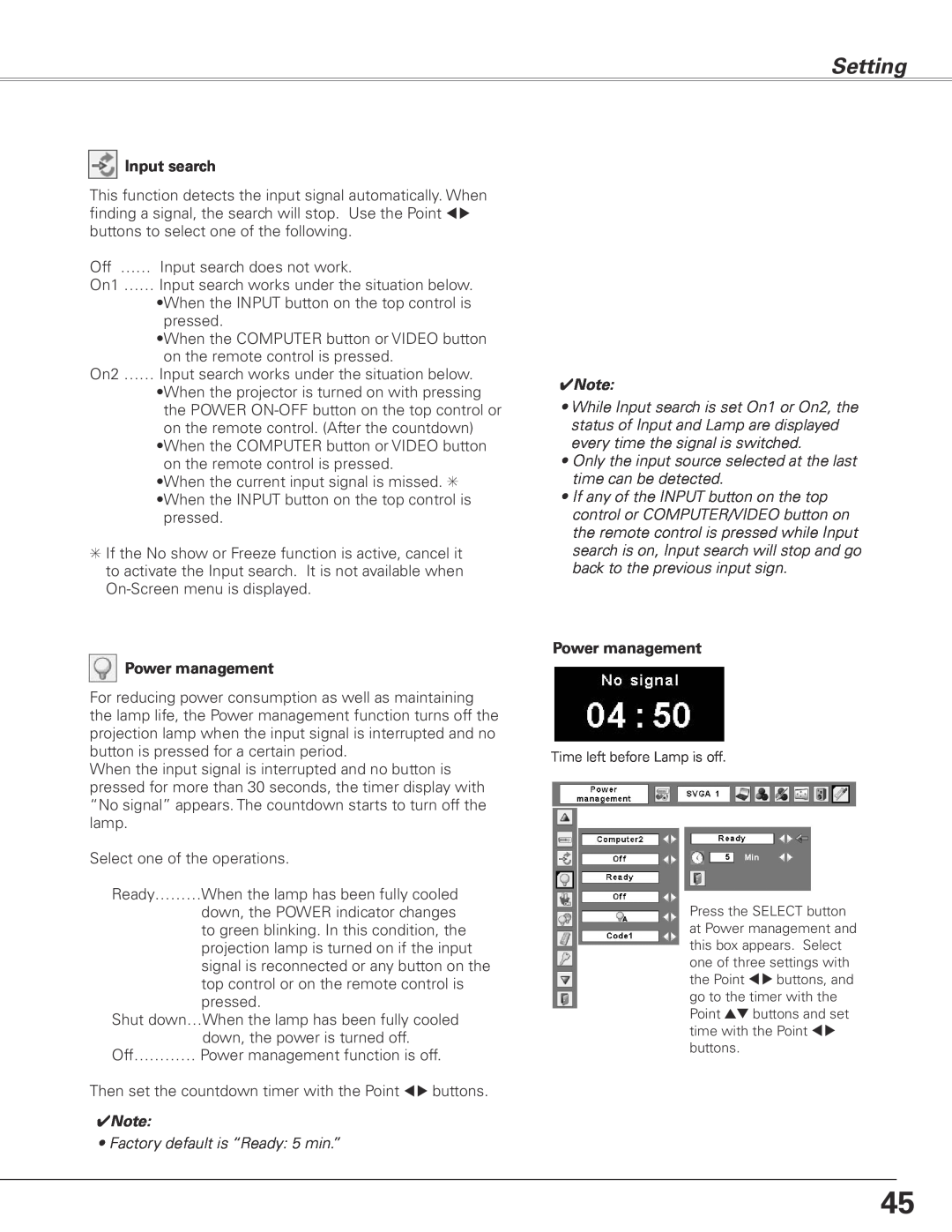 Sanyo PLC-XL45 owner manual Setting, Input search, Power management 