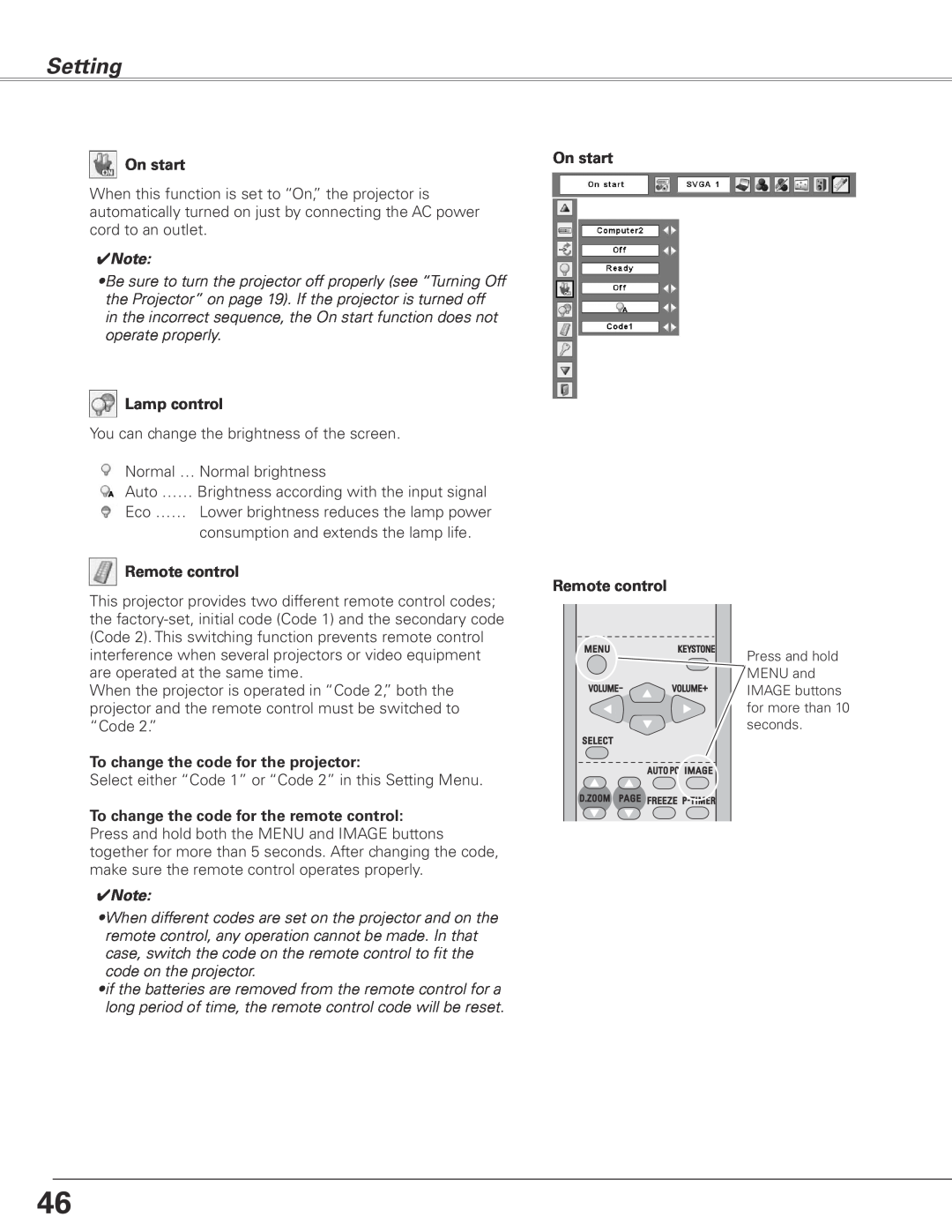Sanyo PLC-XL45 owner manual Setting, On start, Lamp control, Remote control, To change the code for the projector 