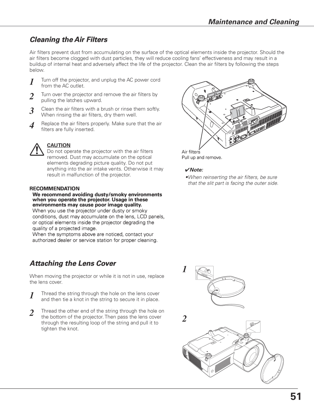 Sanyo PLC-XL45 owner manual Maintenance and Cleaning Cleaning the Air Filters, Attaching the Lens Cover, Recommendation 