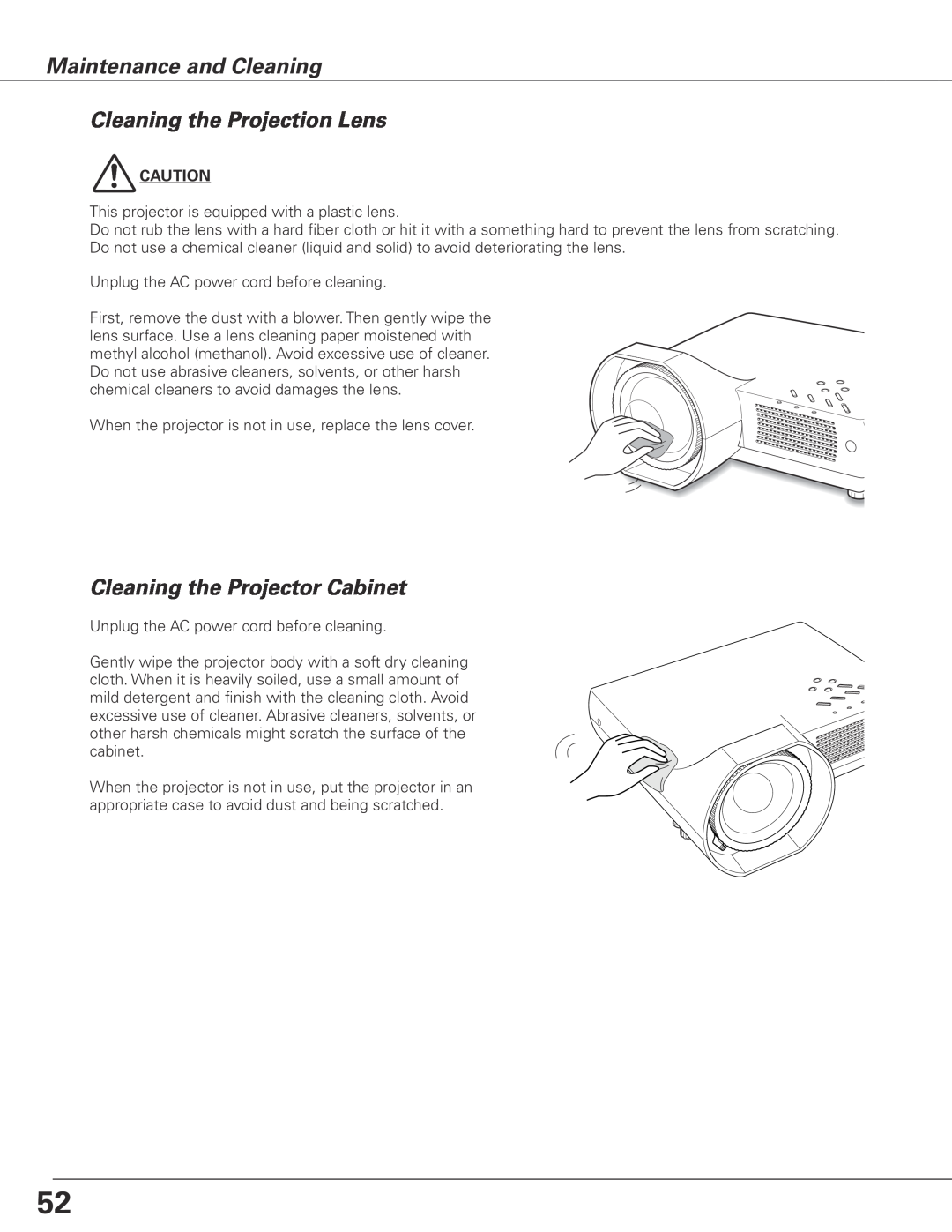 Sanyo PLC-XL45 owner manual Maintenance and Cleaning, Cleaning the Projection Lens, Cleaning the Projector Cabinet 