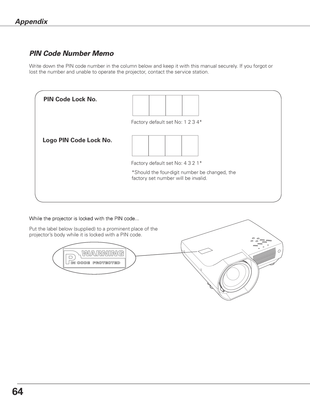 Sanyo PLC-XL45 owner manual PIN Code Number Memo, Logo PIN Code Lock No, Appendix 