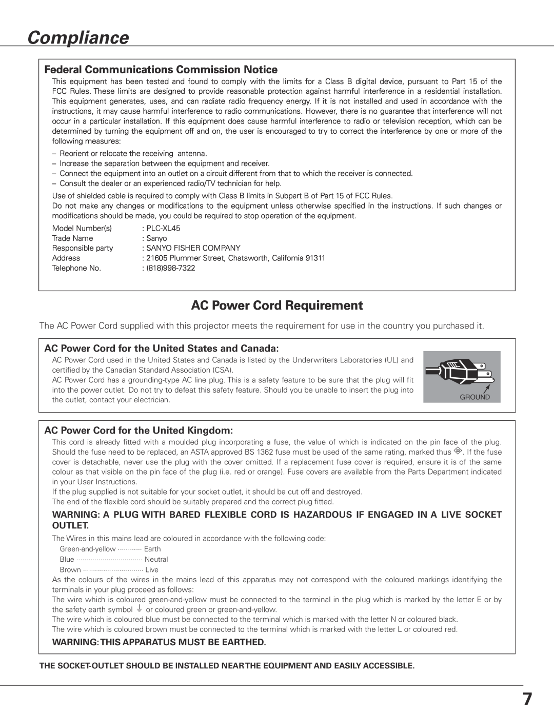 Sanyo PLC-XL45 owner manual Compliance, AC Power Cord Requirement, Federal Communications Commission Notice 