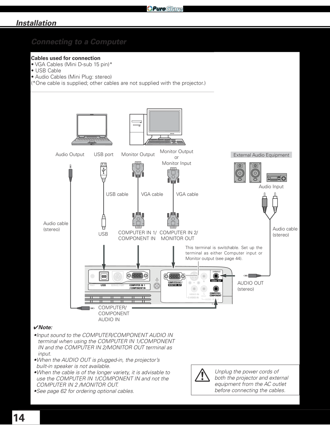 Sanyo PLC-XL45 owner manual Installation, Connecting to a Computer, Cables used for connection 
