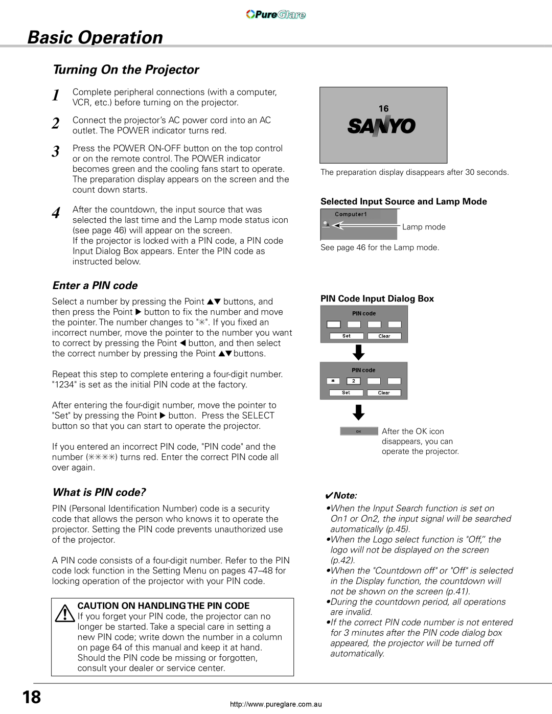 Sanyo PLC-XL45 Basic Operation, Turning On the Projector, Enter a PIN code, What is PIN code?, PIN Code Input Dialog Box 