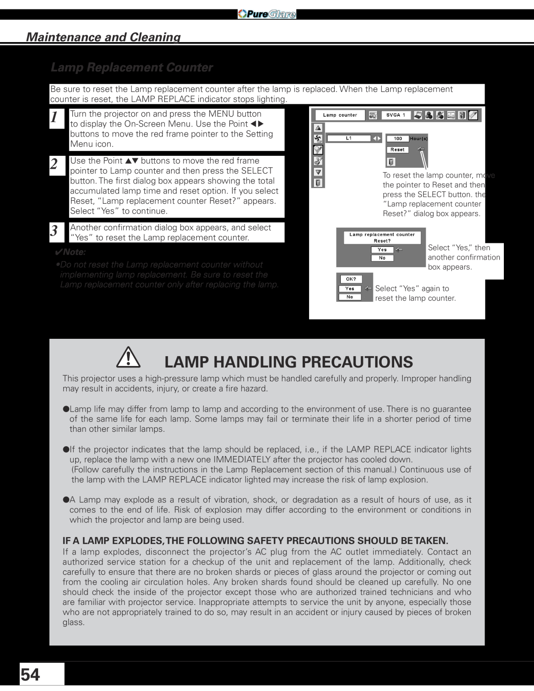 Sanyo PLC-XL45 owner manual Lamp Replacement Counter, Lamp Handling Precautions, Maintenance and Cleaning 