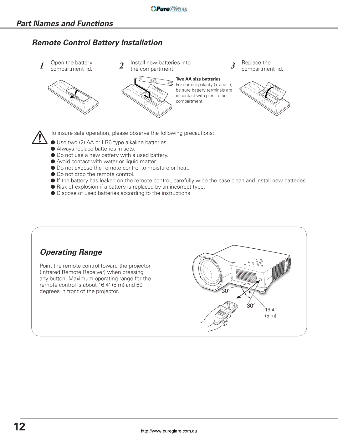 Sanyo PLC-XL45 owner manual Part Names and Functions Remote Control Battery Installation, Operating Range 