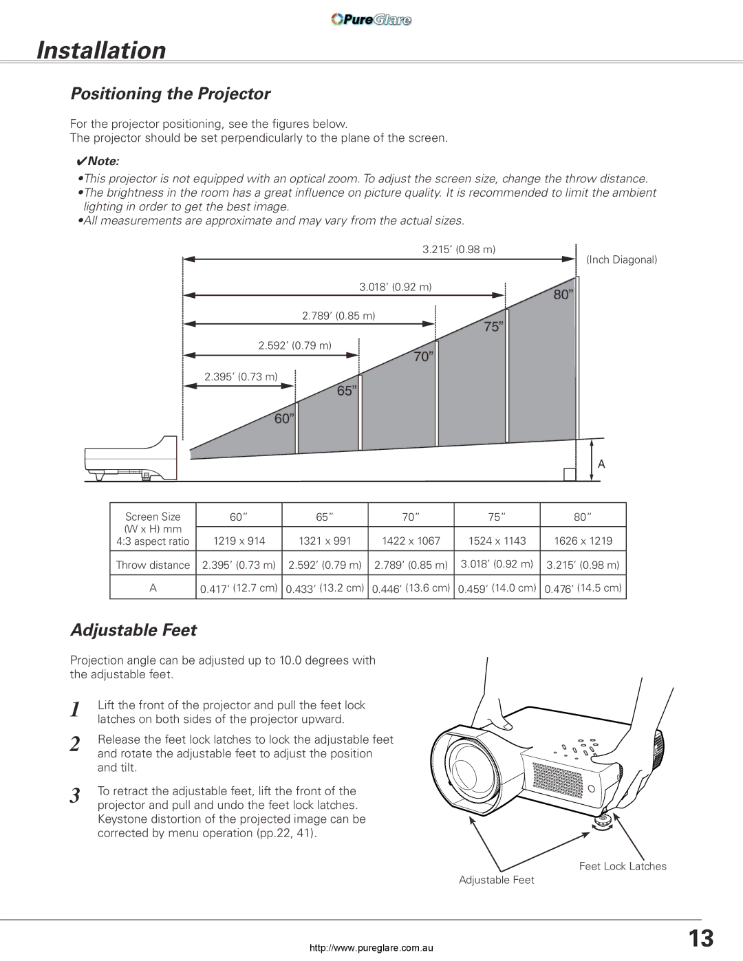 Sanyo PLC-XL45 owner manual Installation, Positioning the Projector, Adjustable Feet 