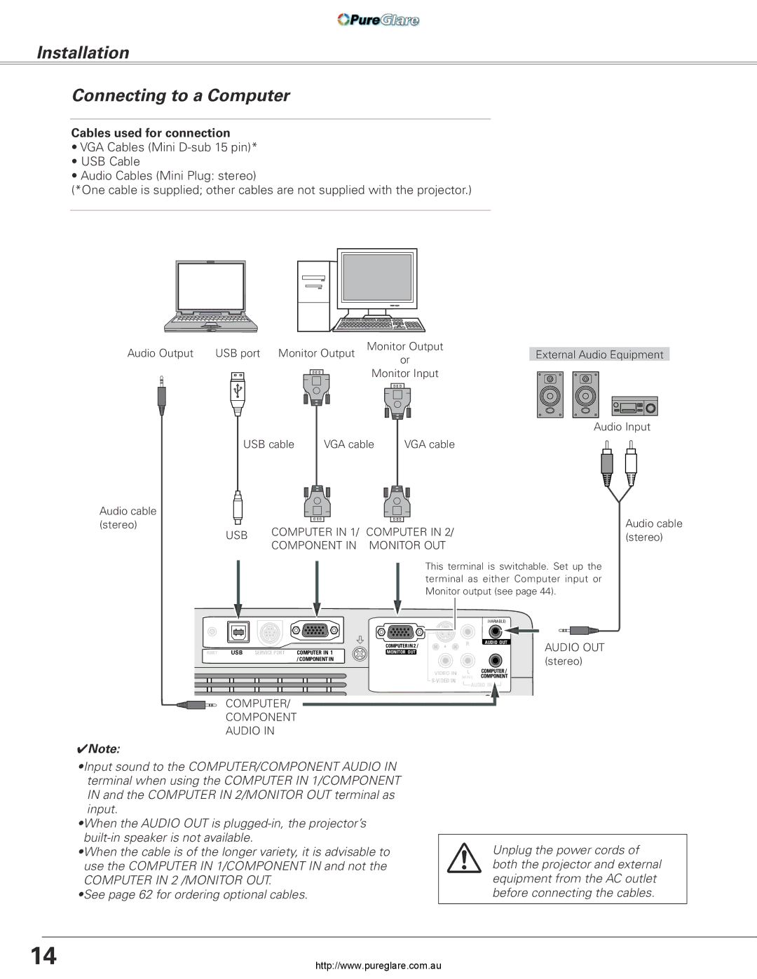 Sanyo PLC-XL45 owner manual Installation Connecting to a Computer, Cables used for connection 